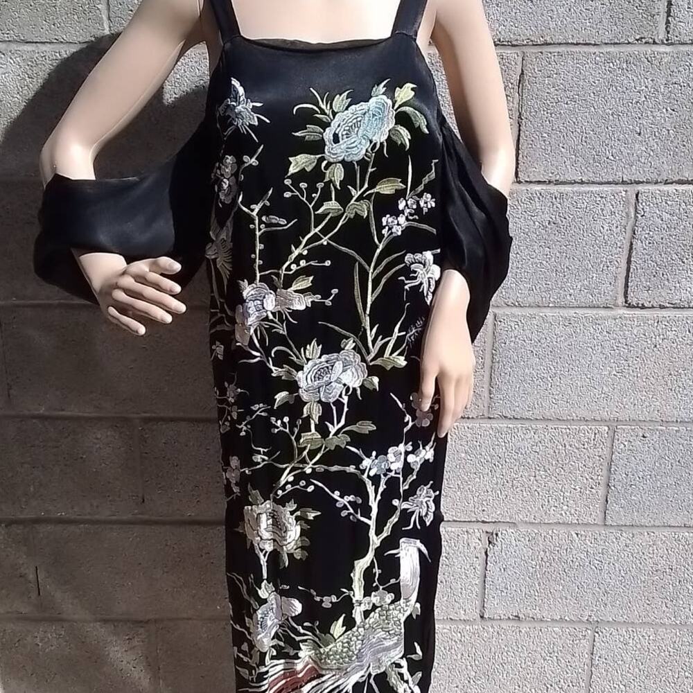 ASOS Black Dress Satin Midi Sz 6‎ Floral Embroidered Sleeveless Wide Arm Cuff